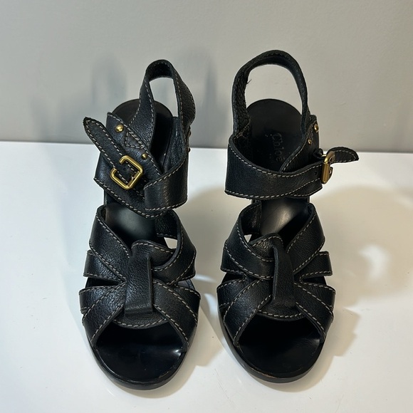 Chloe Black Leather Strap Stacked Sandal Heels Size 40 - Picture 7 of 16